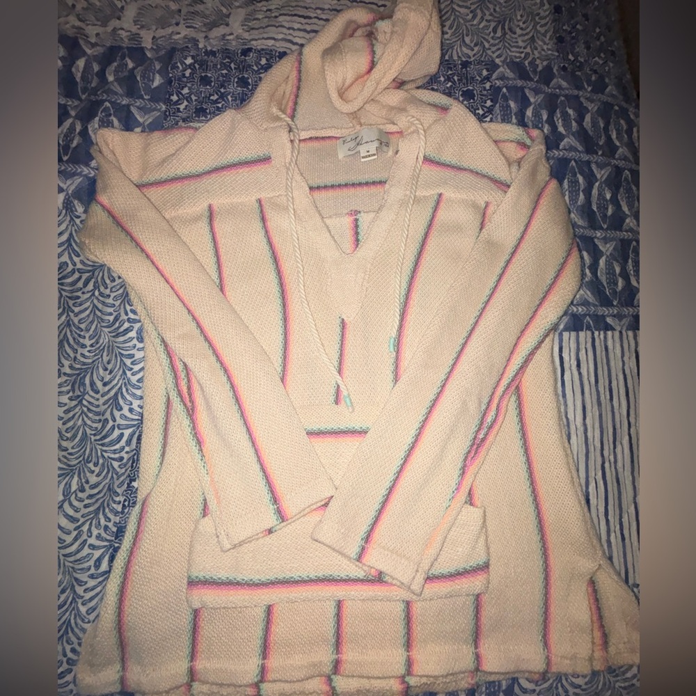 Vintage Havana Beachy Cream V-Neck Sweater with Multicolor Stripes